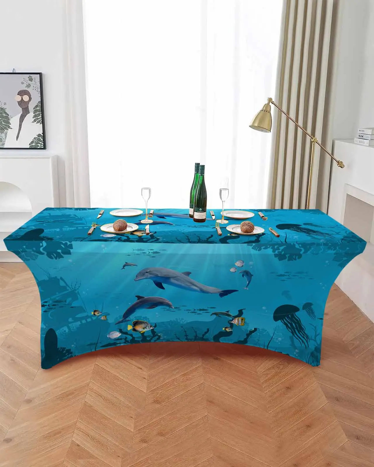 Summer Sea Life Dolphin Fish Elastic Table Skirt Wedding Hotel Birthday Table Cover Buffet Table Tablecloth Decor