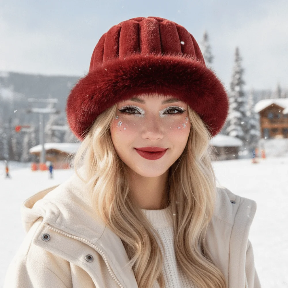 Vertical Texture Striped Fur Hat Fleece Lining Windproof Puffy Bucket Cap Soft Faux Fur Brim Trapper Hats Cycling