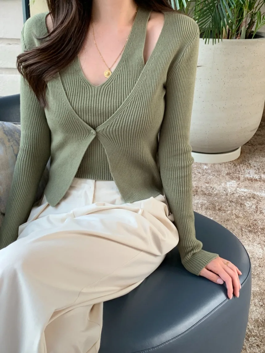 

Шикарный винтажный вязаный свитер Neline с одной пуговицей и длинными рукавами, женская модная одежда для повседневной носки, универсальная повседневная одежда