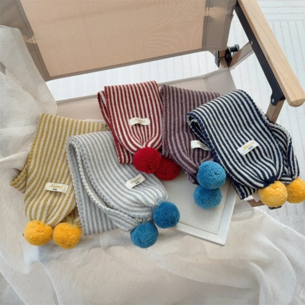 

Новый полосатый вязаный шарф, морозостойкий, ветрозащитный, сохраняющий тепло, красочный помпон, утеплитель для шеи для детей