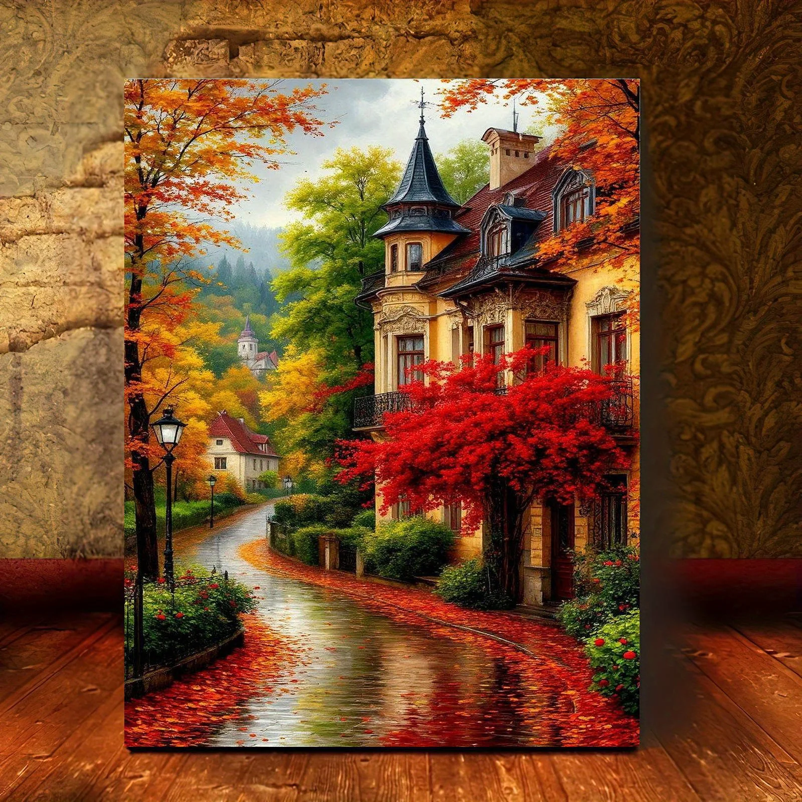 Professional Art Use: A Frameless Digital Oil Painting Kit Featuring an Autumn Romantic Street Scene with Colorful Leaves, an