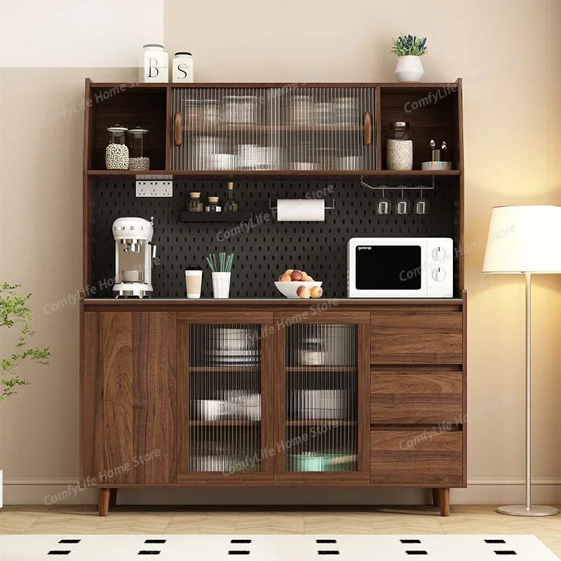 

Wooden Kitchen Hutch Storage Cabinet Freestanding Kitchen Island with Glass Doors and 3 Drawers, Modern Sideboard Buffet Cabinet
