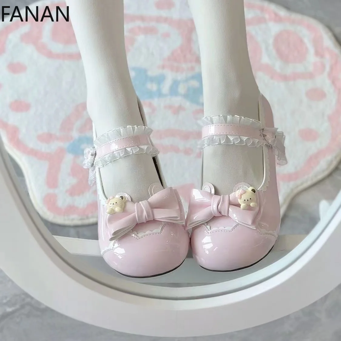 

Туфли на низком каблуке с круглой головкой, женские милые стильные туфли в стиле Лолиты на платформе, розовые туфли с бантом, женские туфли-лодочки, танцевальная обувь принцессы Мэри Джейн