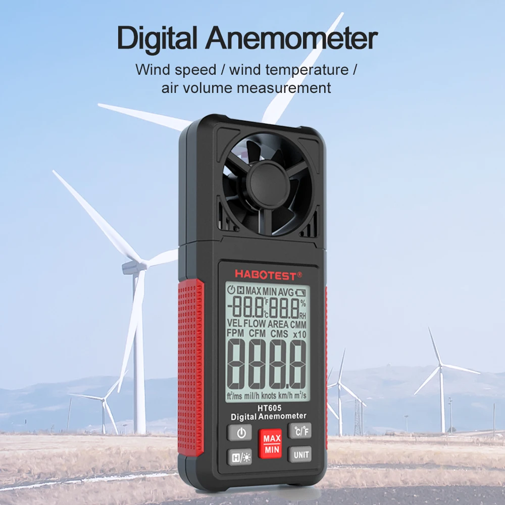 HABOTEST Digital Anemometer Wind Speed Meter HT605 Air Velocity Gauge Windmeter LCD Backlight Display