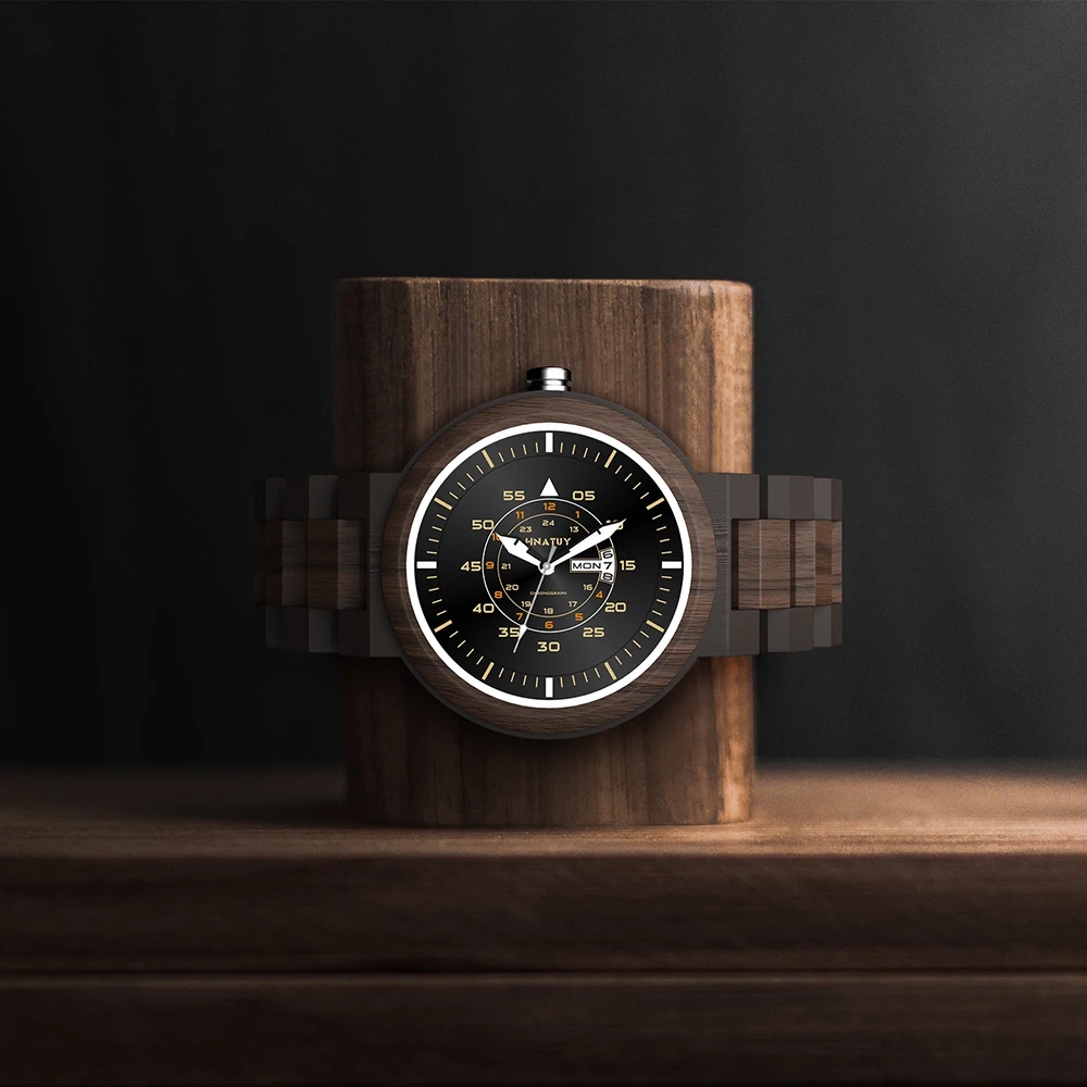 HNATUY Wooden Watch for Men Luminous Quartz Watches Hands Fashion Casual Solid Wood Strap Husband Gift Relogio Masculin saat