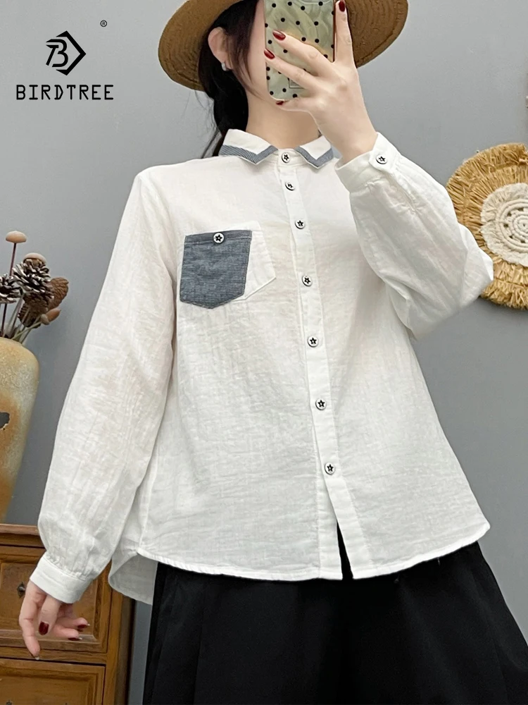 

Новая женская хлопковая рубашка с длинным рукавом на весну 2026 года, с отложным воротником, карманами и элементами пэчворка, в стиле Mori Girl, мягкая повседневная свободная блузка T61820CC