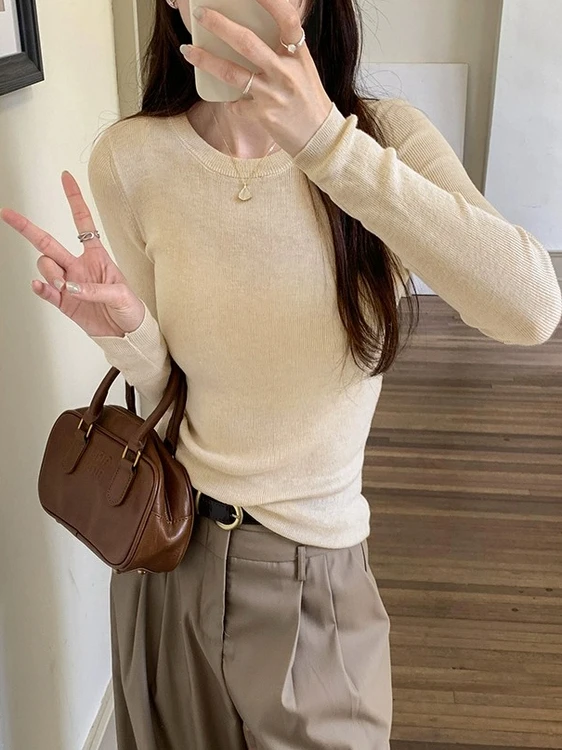 

Женский облегающий трикотажный топ с круглым вырезом, базовая модель, новинка весны 2026, корейский стиль, премиум-класс, с длинным рукавом