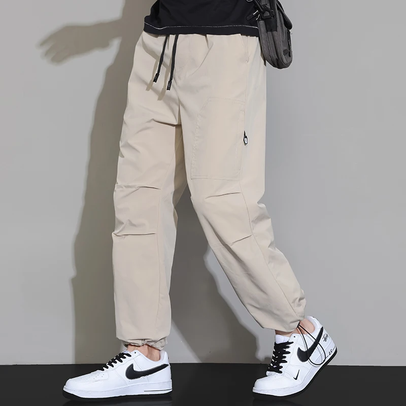 Men's Spring Autumn Solid Color High Waisted Elastic Pockets Casual Loose Wide Leg Cargo Trousers Fashionable Clothing Pants