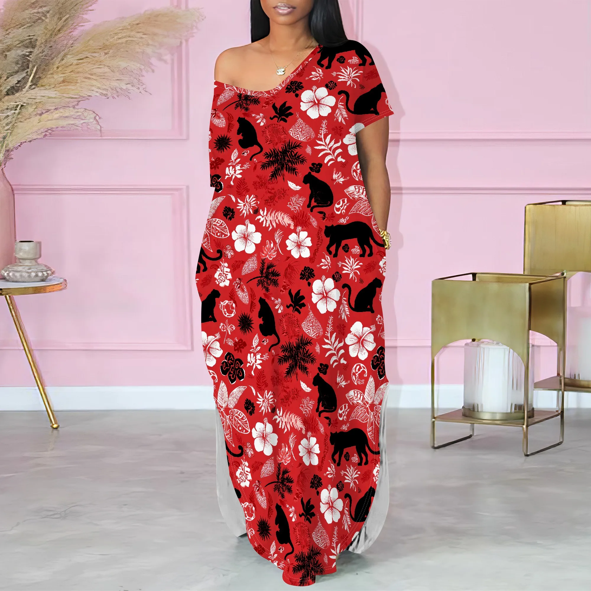 Abito estivo da donna casual a maniche corte con scollo a V, maglietta lunga, maxi abiti da spiaggia con spacco laterale ampio e tasca