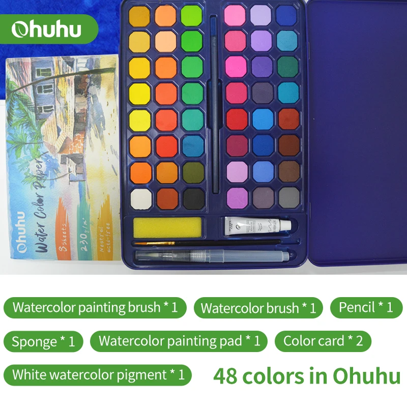 Ohuhu Solid Watercolor Paint Set Brush Pen Portable Professional Painting Pigment for Drawing Colors Palette School Art Supplies