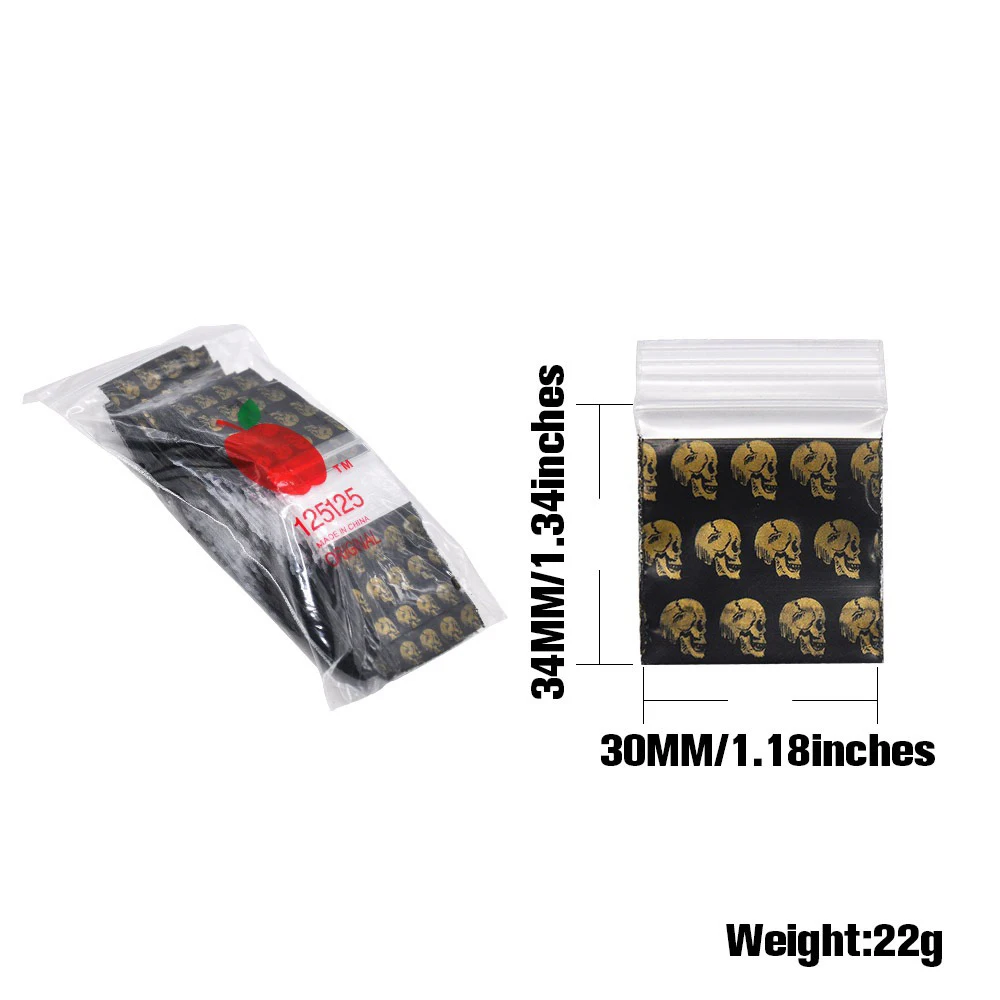 100 Pcs Small Ziplock Bags Skull Pattern Portable Storage Pouch Seal Bag Herb Tobacco Baggie Accessories