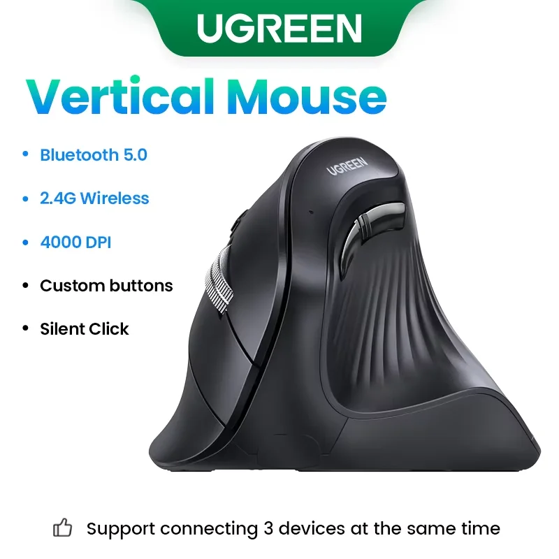 UGREEN Verticale Muis Draadloze Bluetooth5.0 2.4G Ergonomische 4000 DPI 6 Mute Knoppen voor MacBook Tablet Laptops Computer PC Muizen - afbeelding 1
