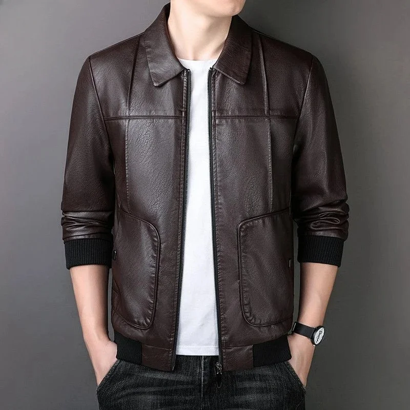 Spring Autumn Thin Casual Solid Color Men Winter Fleece Lined Fashion Large Size PU Leather Jacket