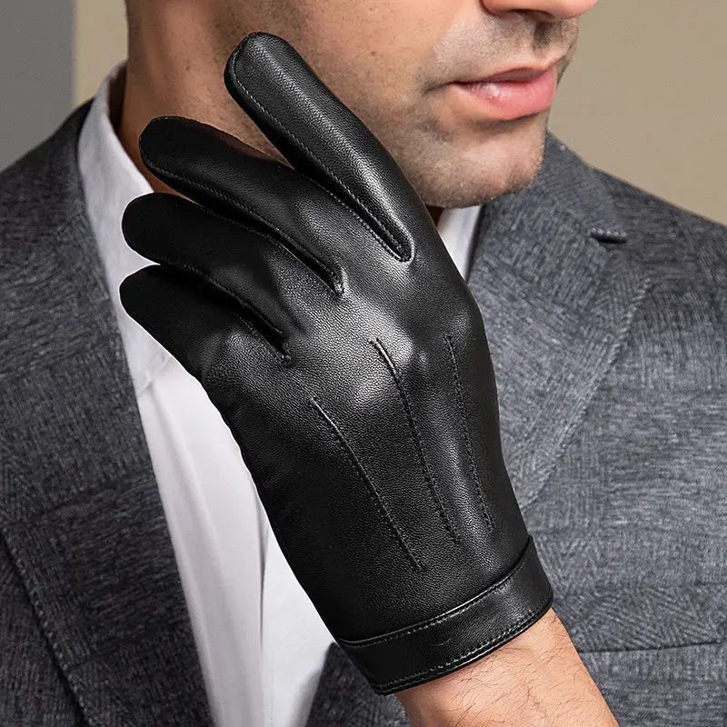 Guantes de cuero auténtico para hombre, manoplas de piel de oveja auténtica con pantalla táctil, finas y cálidas, para conducir, color negro,