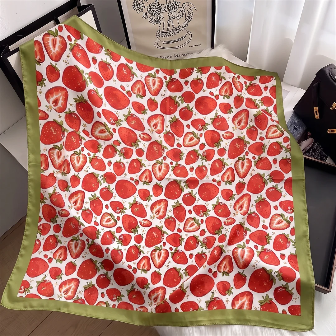 2026 Fruit Print Square Scarf For Women Silk Shawl Neckerchief Female Hair Bands Head Wraps Headband Foulard Satin Hijab Bandana