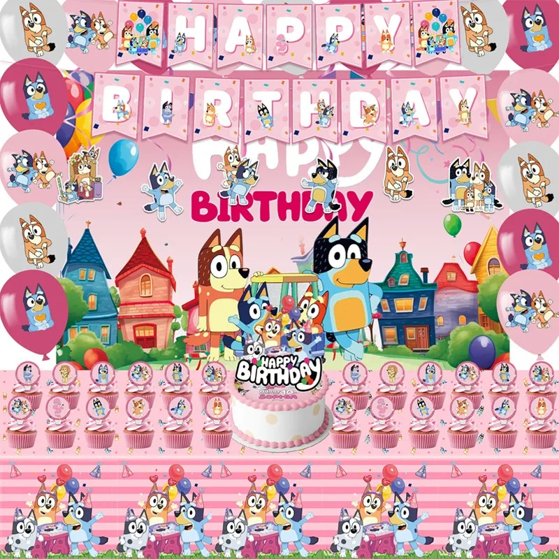 

Pink Bluey Theme Birthday Party Decoration Tableware Banner Balloon Background Decoration Children's Festival Decoration Props