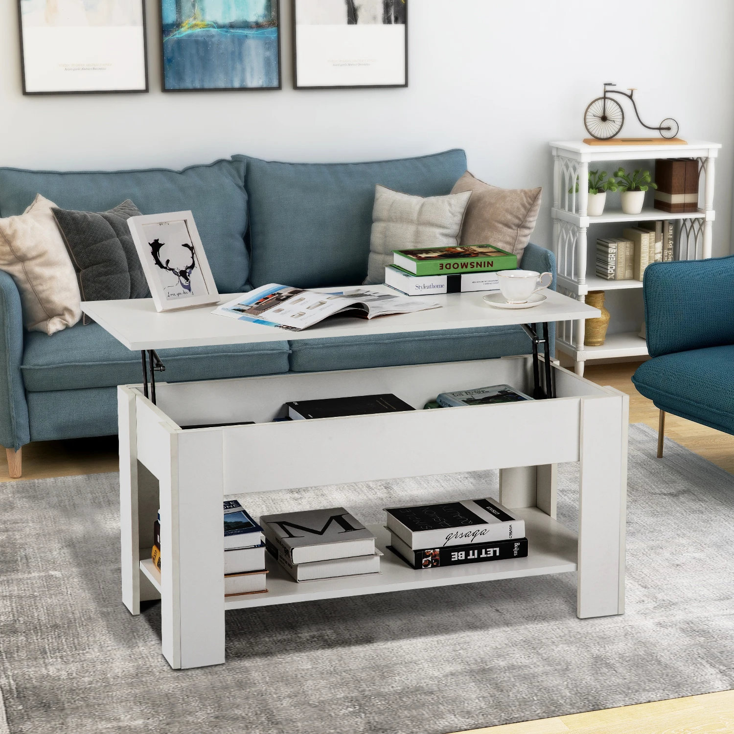 Lift up Top Coffee Table with Storage and Shelf Living Room(White) Office Furniture