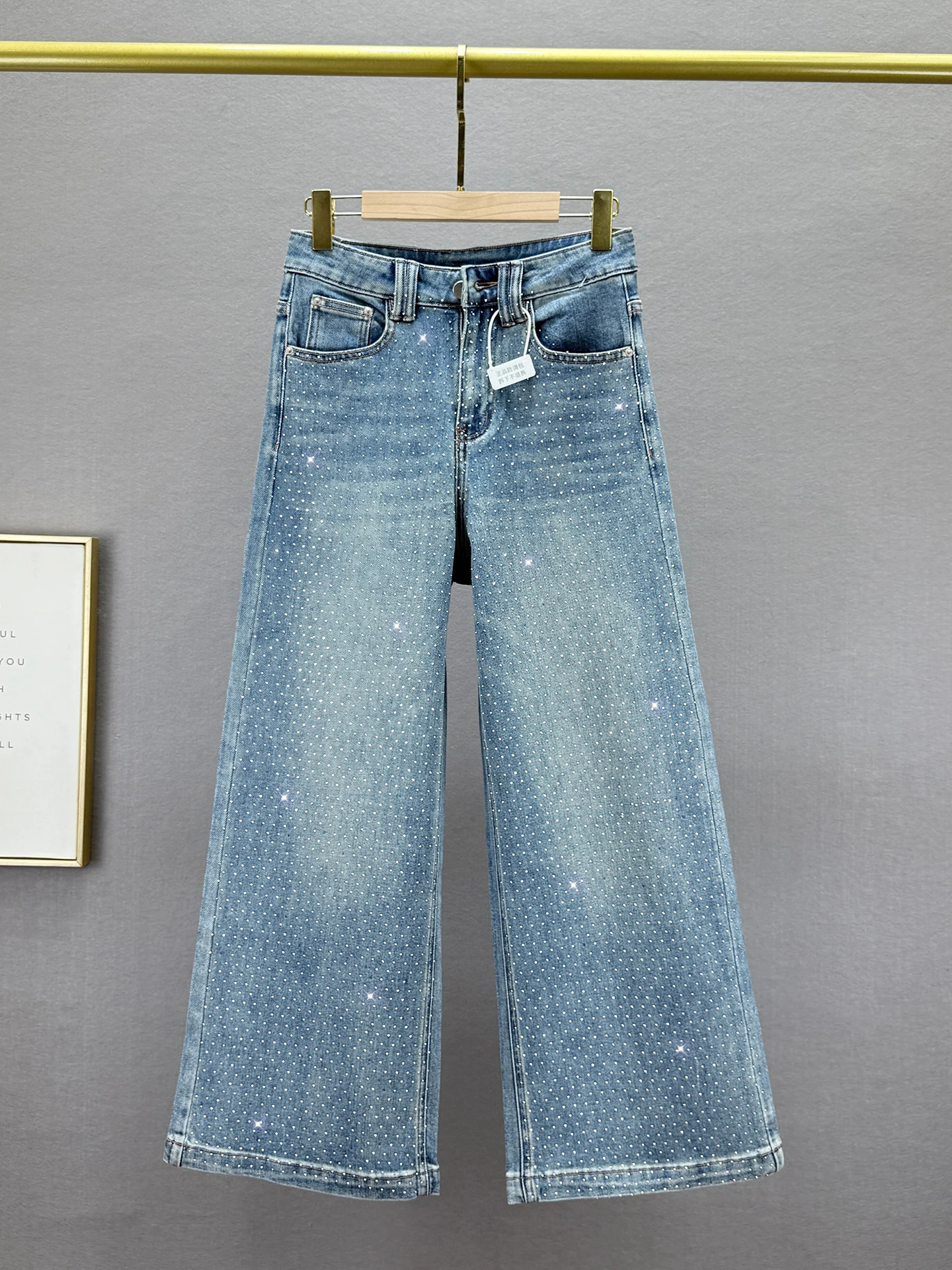 

Женские джинсы с высокой талией, украшенные стразами, свободного кроя, прямые, весна 2026, винтажный европейский стиль