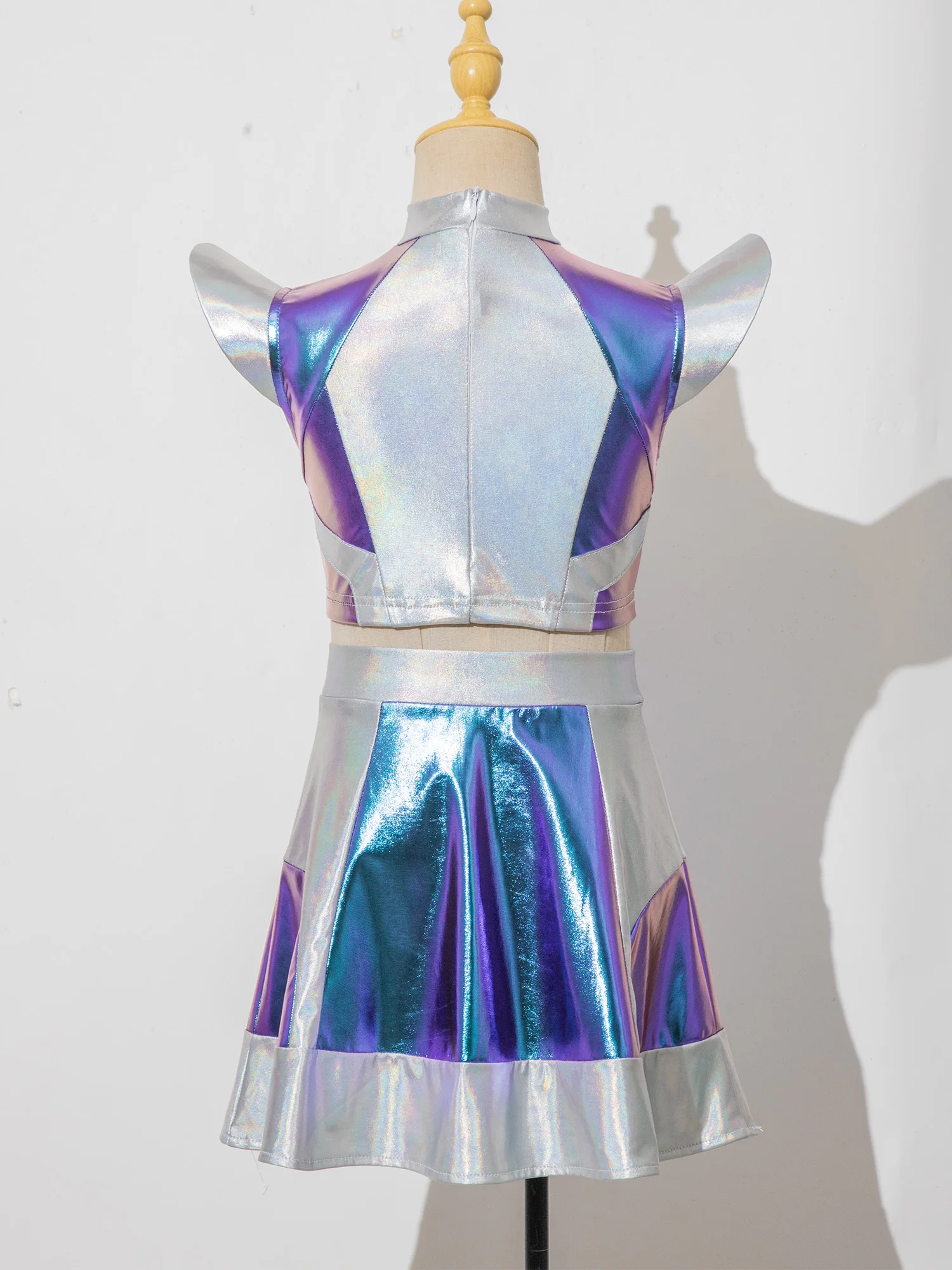 Girls Alien Robot Role Play Party Costume Halloween Carnival Astronaut Outer Space Cutie Outfit Glossy Metallic Top Skirt Sets