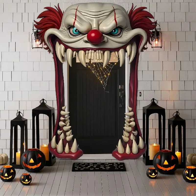 Gruseliger Clown-Türrahmen-Dekor aus Polyester, Halloween-Horror-Türabdeckung für Spukhaus-Party, Haustür, Halloween-Dekoration