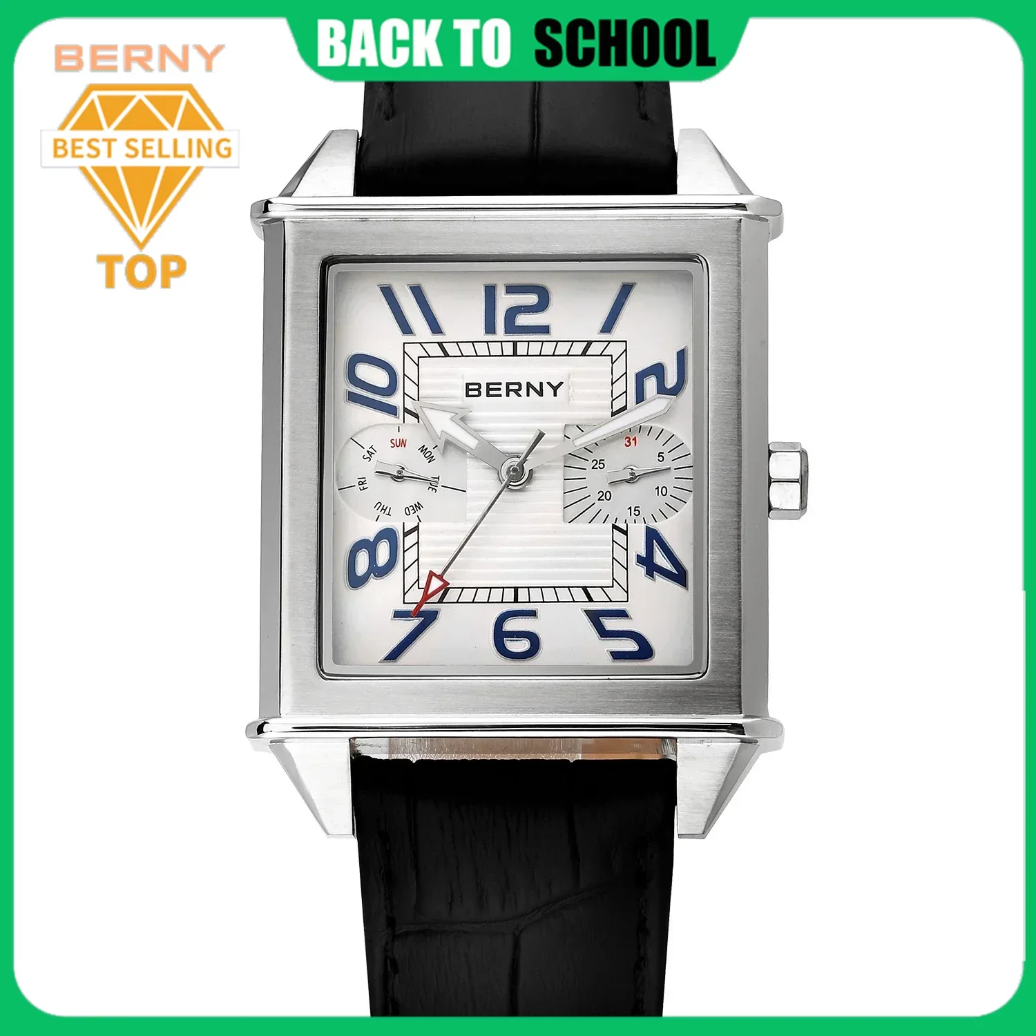 

BERNY Quartz Watch For Men Luminous 3ATM Waterproof Square Day Date Calendar Male Easy Read Dial Wristwatch BERNY 6P25 Tank