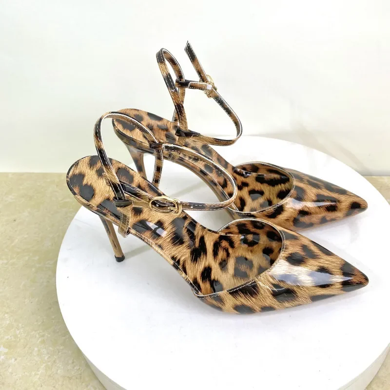 Summer Brand Women Sandals Ankle Strap Buckle Strap Patent Leather 12CM Thin Heels One character strip Shoes Women Leopard