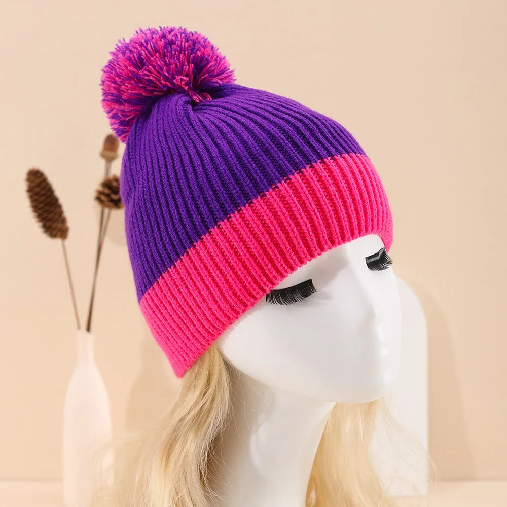 Women Pom Pom Hat Winter Beanie Bright Colour-block Outdoor Neon Yellow Blue Ribbed Knit Ski Cap