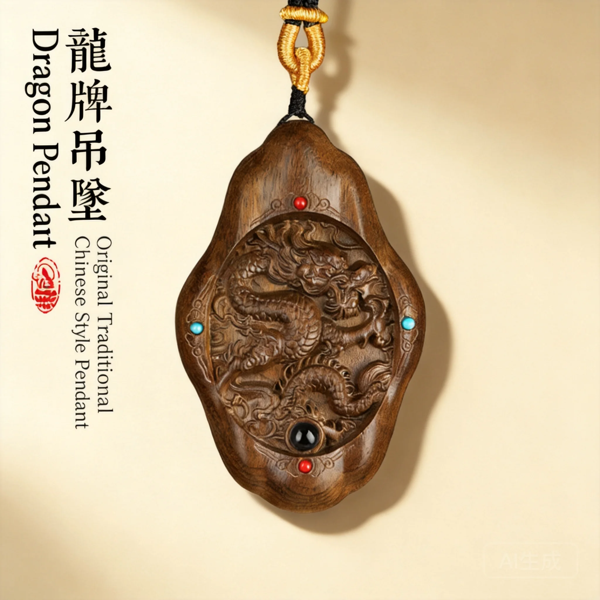 Chinese Style Golden Phoebe Wood Carved Dragon Pendant Lucky Blessing Wealth Attracting Amulet Diy Long Necklace Hanging Ornamen