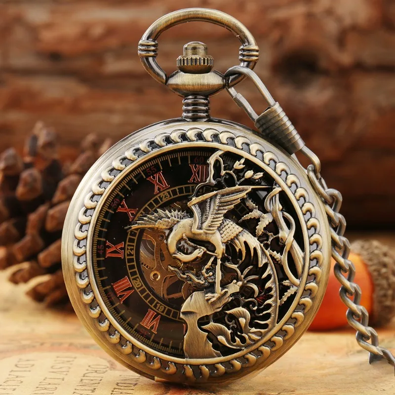 Creative Design Half Hollow Phoenix Double Roman Hand Mechanical Pocket Watch