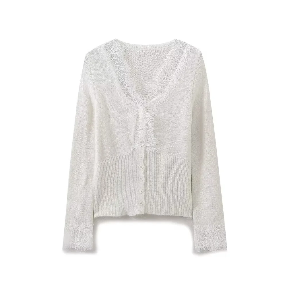 BM&MD&ZA 2024 early autumn new women\'s casual fashion simple all-match lace long-sleeved stitching knitted cardigan