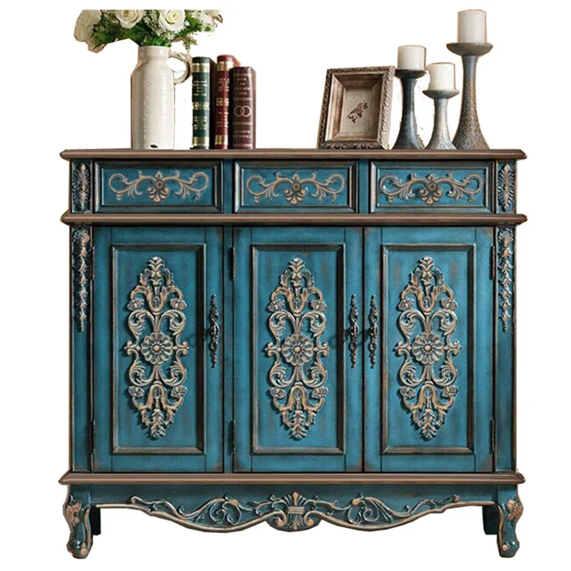 

European-style blue shoe cabinet household entrance solid wood entrance capacity storage blue aisle cabinet