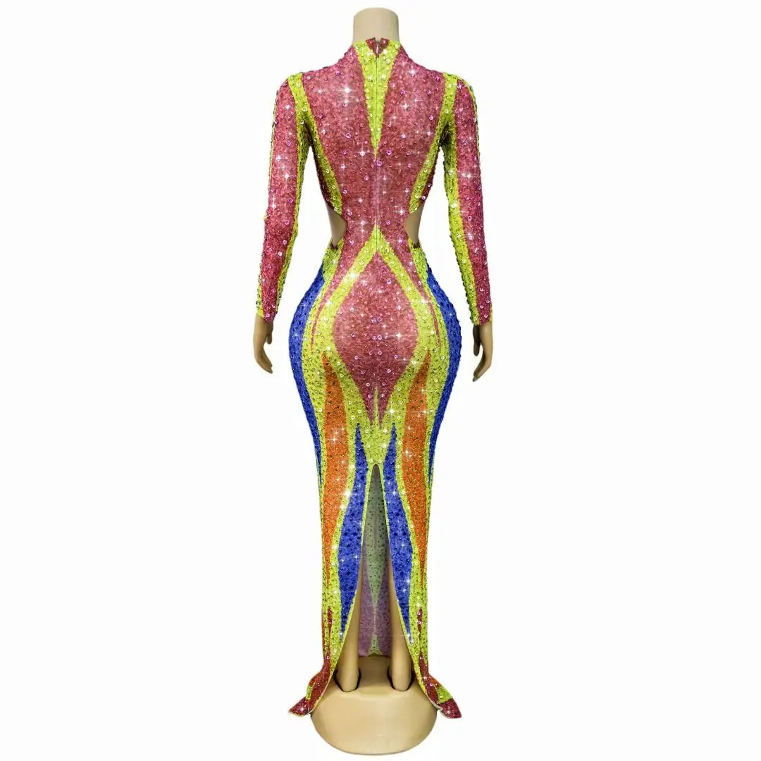 High-End-Mode Frauen Bunte Gedruckt Strass Mesh Kleid Sexy Cut Out Bodycon Maxi Lange Promi Abend Party Kleider