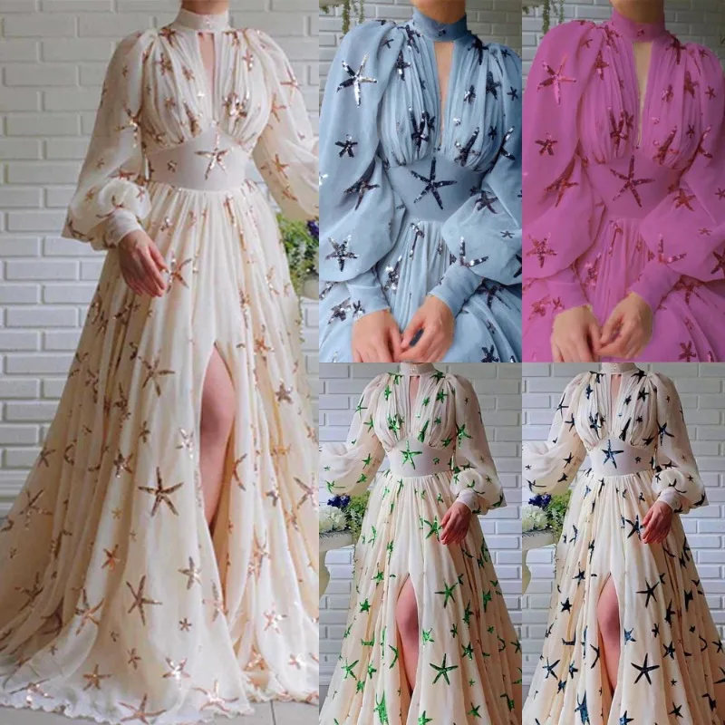 

High Neck Lantern Sleeves Side Slit Floor Length Party Dress Elegant Women Maxi Dress Star Sequined Corset Chiffon Evening Dress