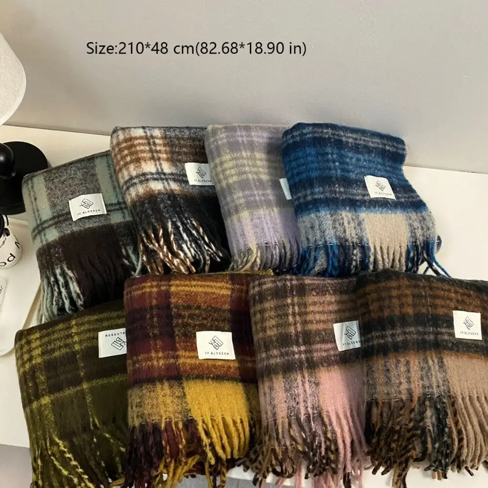 Vintage Warm Winter Cashmere Scarf Mohair Soft Long Tassel Scarves Thickened Plaid Thickened Shawl Wrap Women