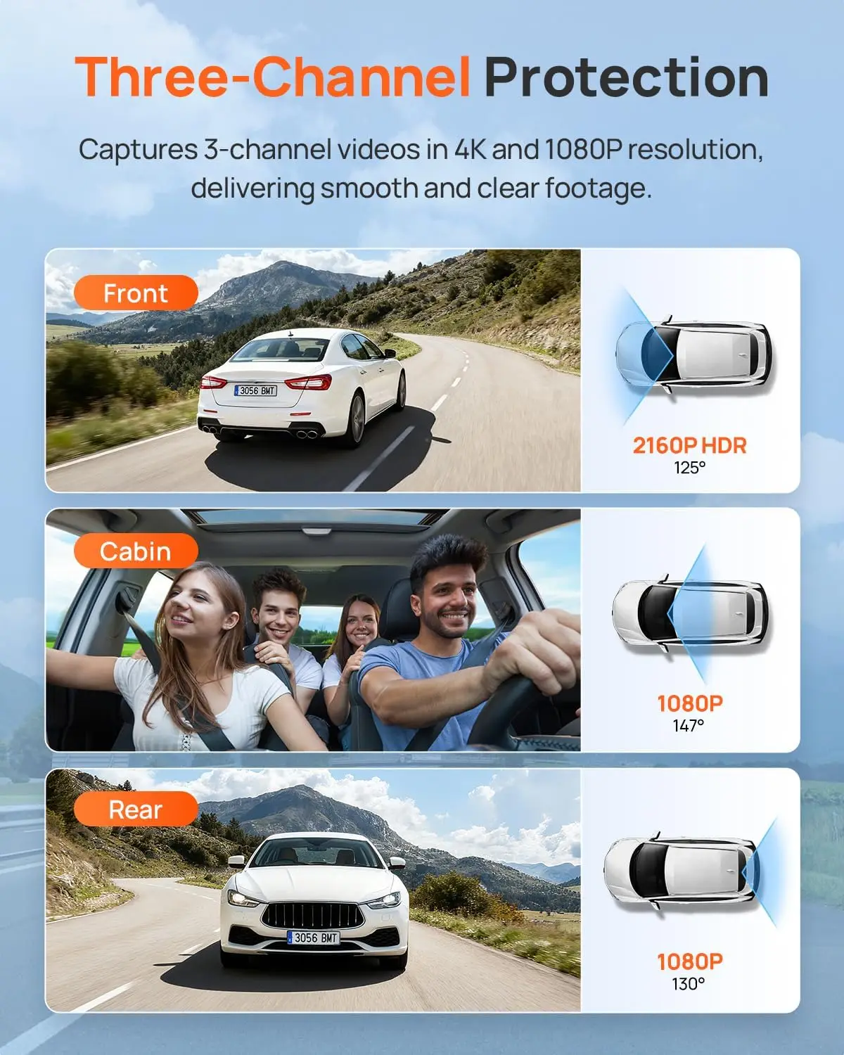 Dash Cam Front Rear Inside Three Channel Car Camera GPS Wi Fi Voice Control Parking Monitor Night Vision Loop Recording 64GB SD