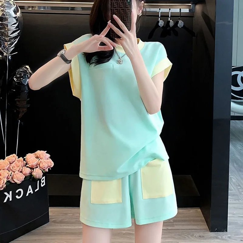 Summer Refreshing Patchwork Pullover O-neck Short Sleeve T-Shirt Short Sets Femme Sweet Casual Pocket Simplicity Matching Sets