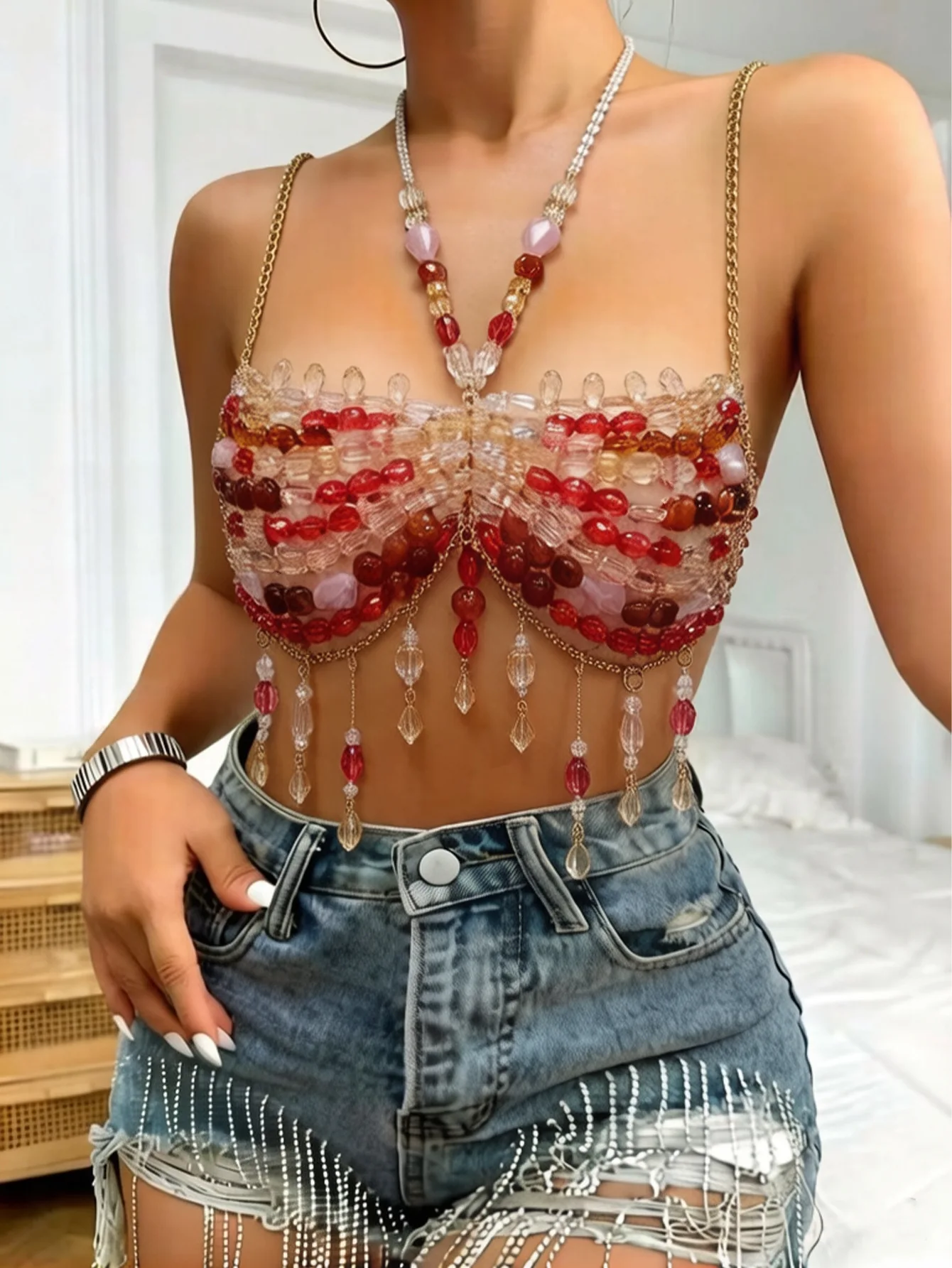 Hot Selling Colored Gemstone Bead Body Chain Hanging Neck Hollow Camisole Vest, Seaside Spicy Girl Exposed Navel Bead Strapless