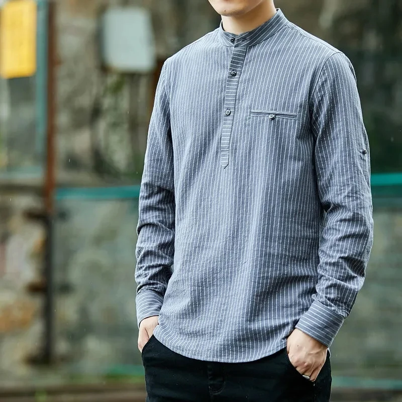 

Mens Striped Pullover Shirts Stand Collar Long Sleeve Camisa Masculina Spring Autumn Vintage Clothes Casual Tops Ropa Hombre