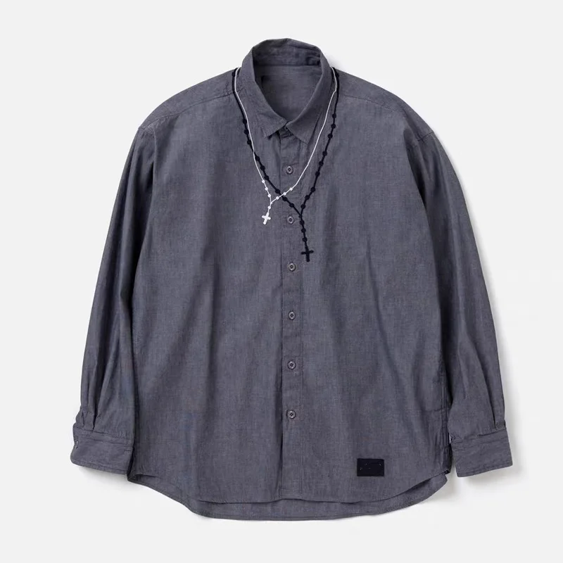 Trendy 2026 Long Sleeve Loose Casual Shirt Embroidery Necklace Pattern Cotton Unisex Open Cardigan Style Non-fading