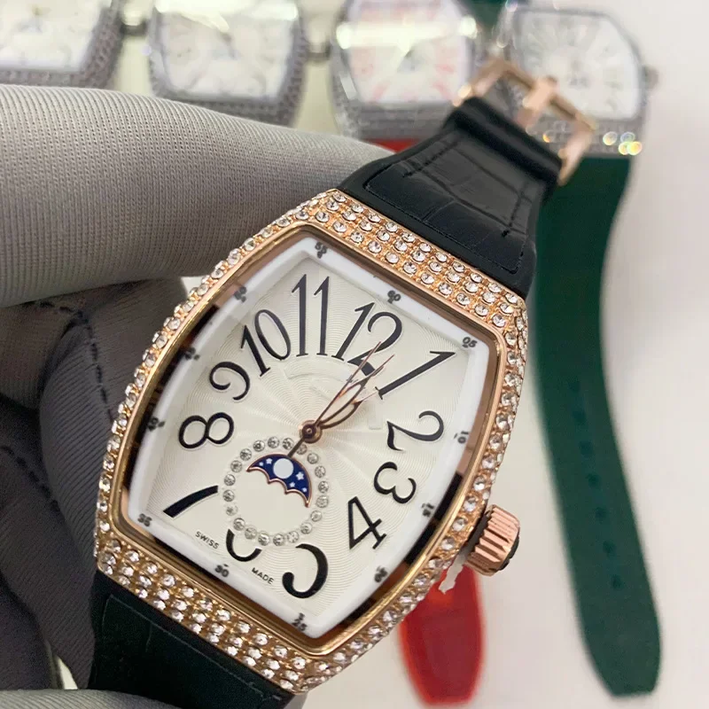 2025年ファッショナブルな大型メンズ腕時計、ダイヤモンドがちりばめられた防水レザーストラップ、バケット型レディース腕時計、ダイヤモンド象嵌入り