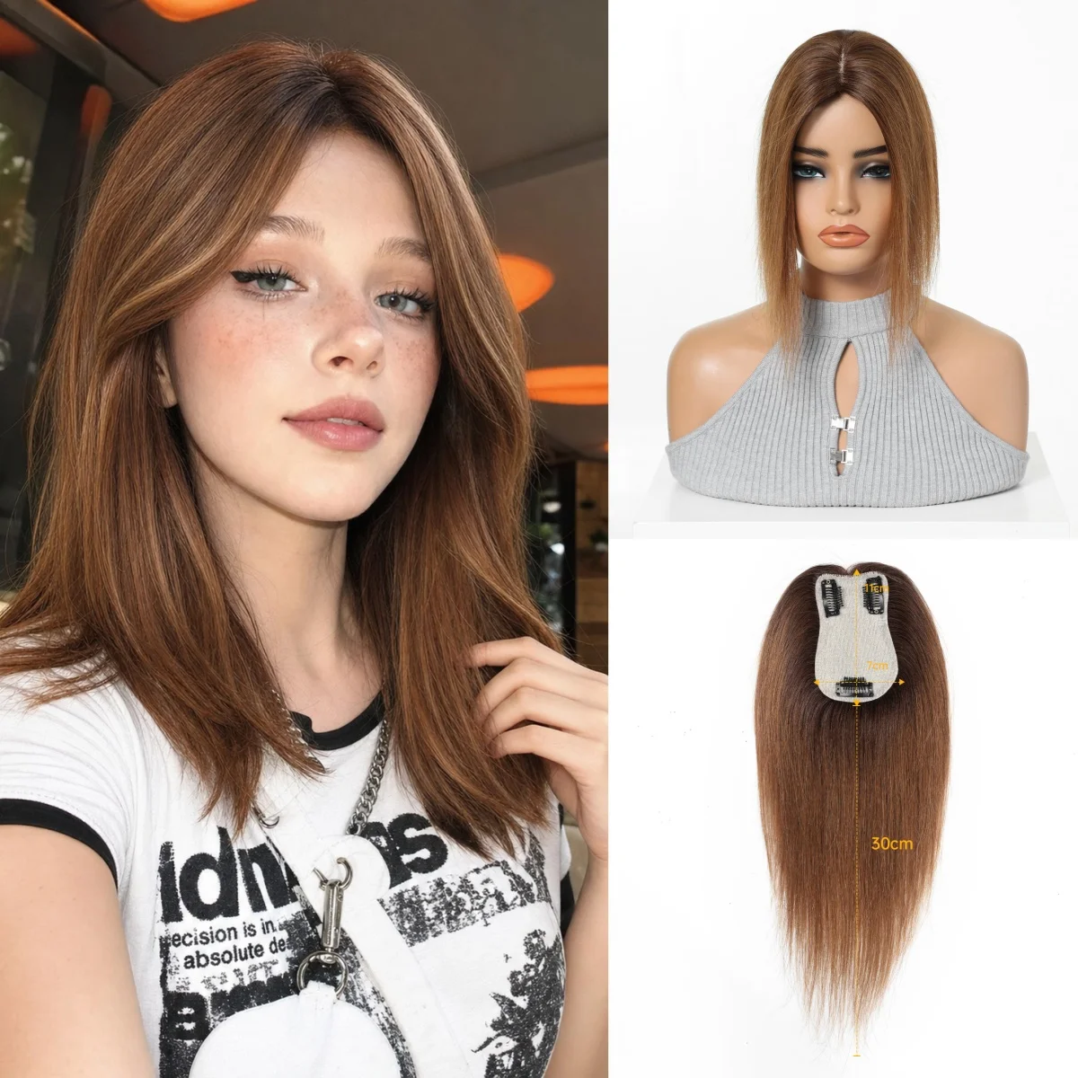 100-本物の人毛ヘアピース-女性用-クリップインヘアピース-7x11cm-ベース-ストレート-クラウンヘアピース-12-インチ-薄毛補充用ヘアピース