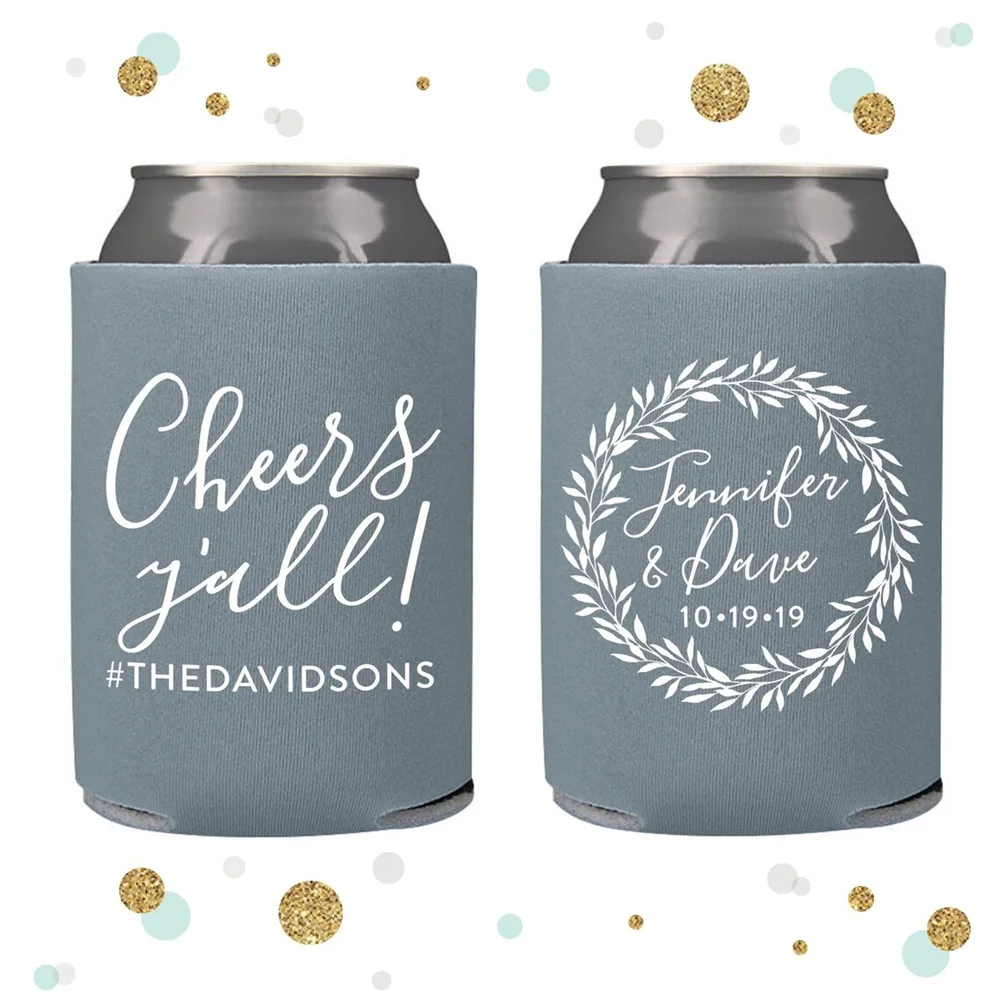 

Monogram Wreath - Wedding Can Cooler #124R - Cheers Y'All - Personalized and Custom - Wedding Favors, Beverage Insulators, Beer