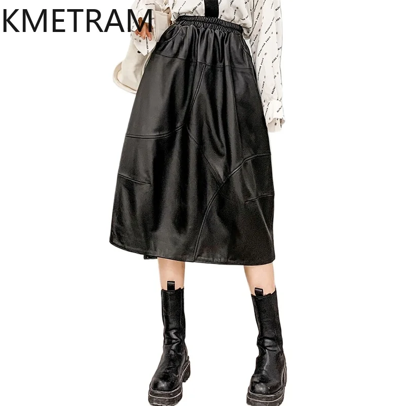 KMETRAM Genuine Leather Skirts for Woman Real Sheepskin Long Skirt Autumn Winter Women Clothing High Waist Юбка Длинная 2024