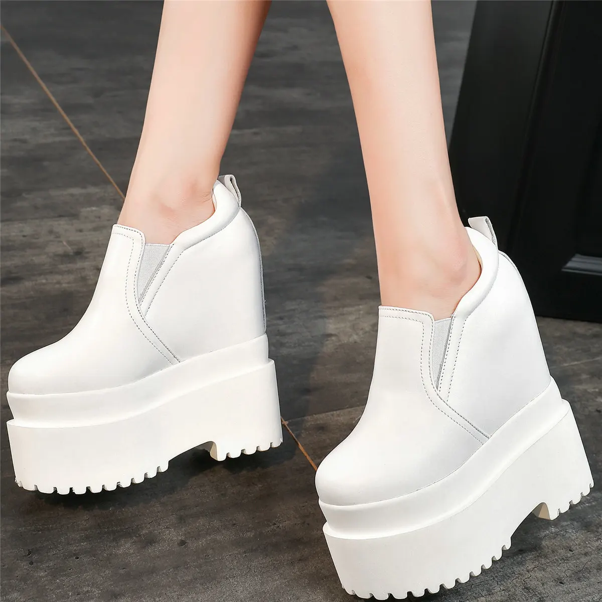 12cm High Heel Pumps Plus Size Shoes Women Genuine Leather Wedges Ankle Boots Female Round Toe Fashion Sneakers Big Size Shoes