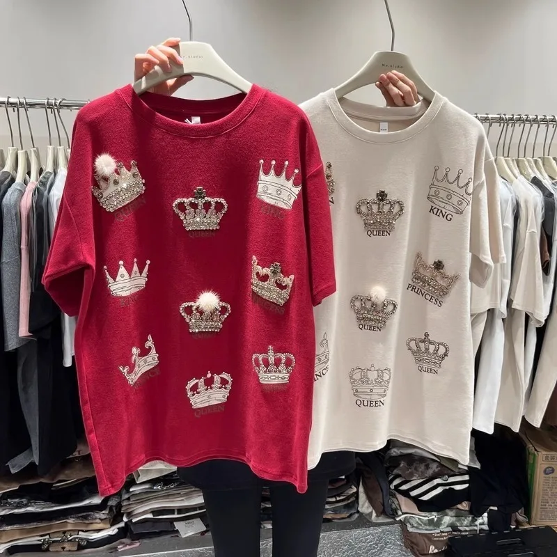 Women's Red Oversized Embroidered T-Shirt - Queen King Motif with Sparkling Crystal Crowns Pom-Poms, Casual Loose Fit Cotton Top