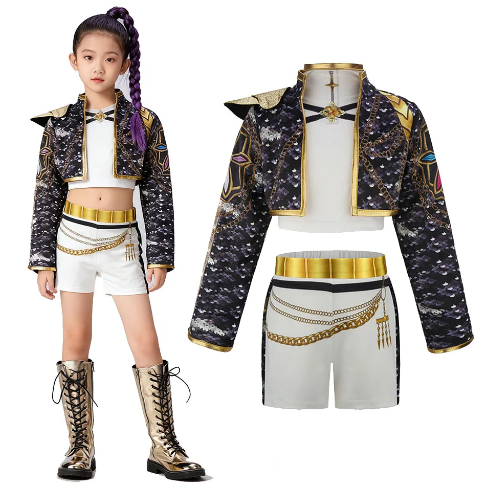Halloween k-pop traje para meninas preto de três peças ídolo grupo roupa crianças palco cosplay vestido conjunto para festa temática de concerto
