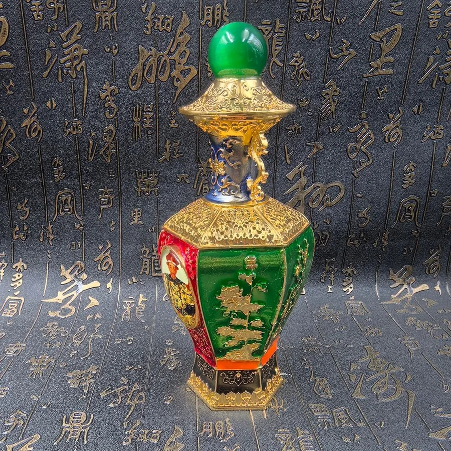 Old Bronze Hexagonal Vase with Qing Emperor Portrait & Inlaid Green Gem Finial