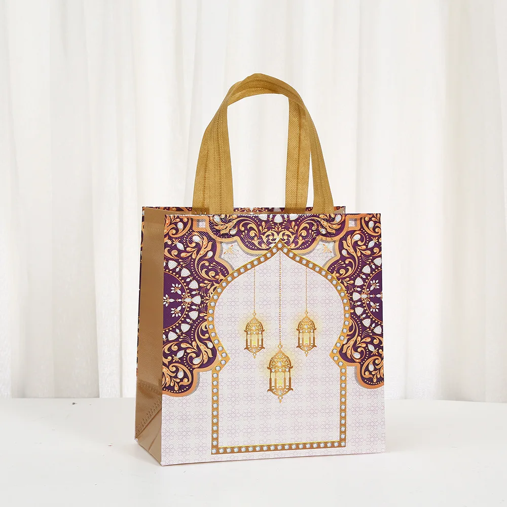 6Pcs Eid Mubarak Theme Non-Woven Gift Packing Bag Gold Moon Castle Shopping Tote Bags for Ramadan Islam Muslim Party Decoration