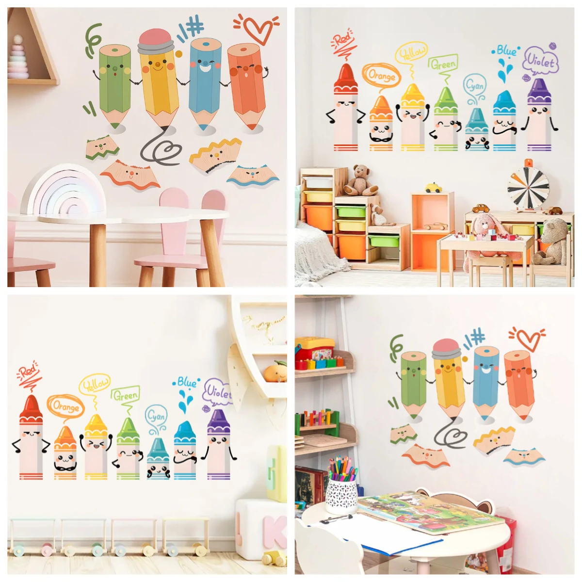 Cartoon Color Pencil Wall Stickers For Kids Room Bedroom Decoration Mural Home Decor Nursery Self Adhesive Wallpaper