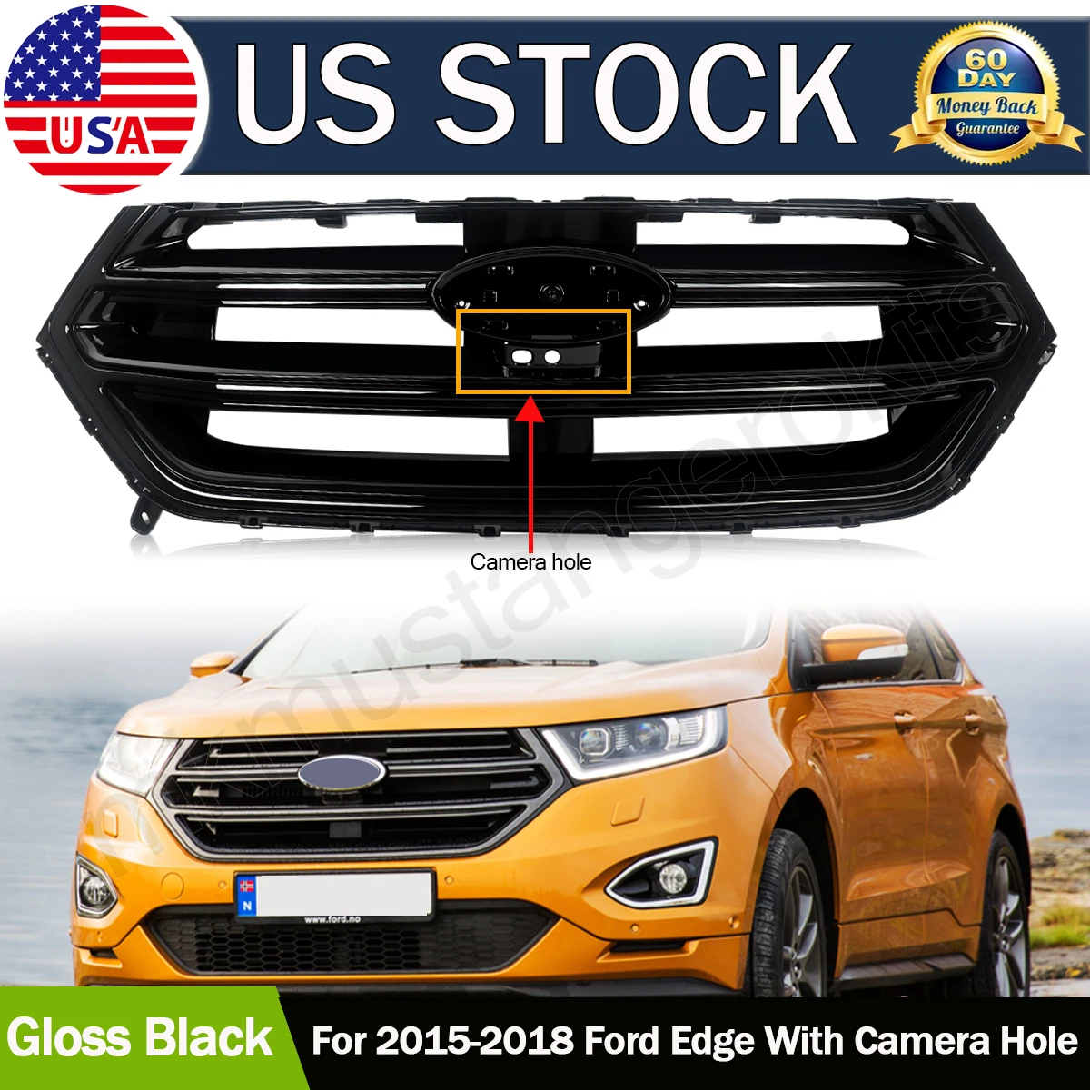 

SAIQINGSP 1Pcs Front Bumper Upper Grille Grill Fit for 2015-2018 Ford Edge With Camera Hole Car Accessories Tools